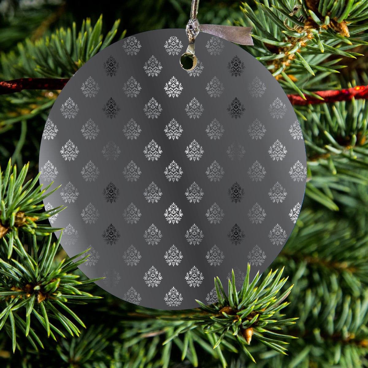 Silver Grey Black White Damask Ceramic Ornament, view 2
