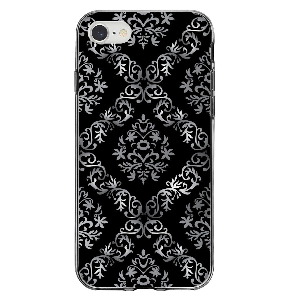 Black White Silver Grey Damask Clear Shockproof iPhone Case, view 5