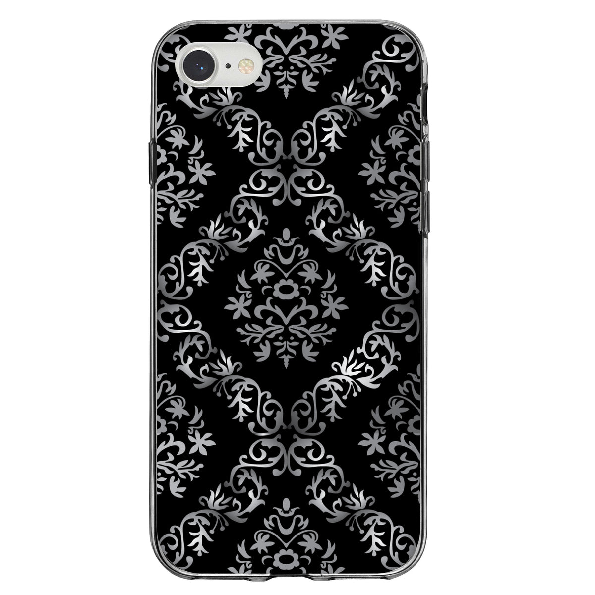 Black White Silver Grey Damask Clear Shockproof iPhone Case, view 5
