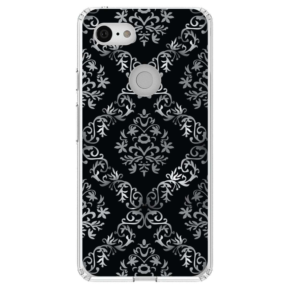 Black White Silver Grey Damask Clear Shockproof iPhone Case, view 21