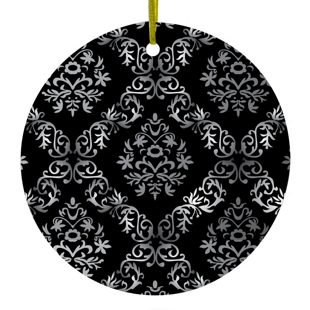 Black White Silver Grey Damask Ceramic Ornament
