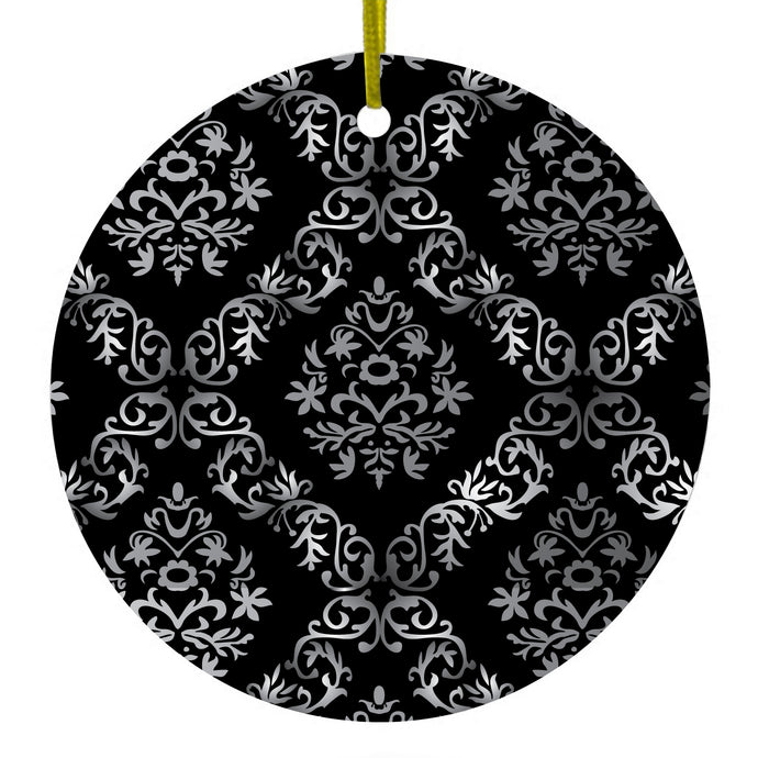 Black White Silver Grey Damask Ceramic Ornament