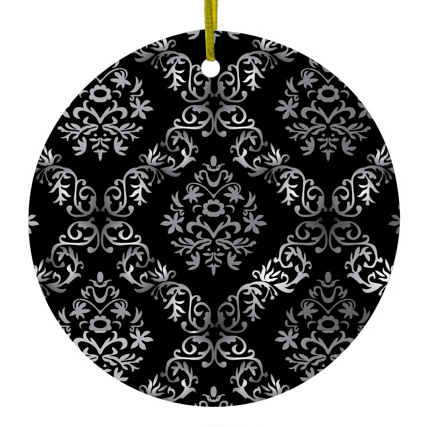 DistinctInk® Hanging Ceramic Christmas Tree Ornament with Gold String - Great Gift / Present - 2 3/4 inch Diameter - Black White Silver Grey Damask