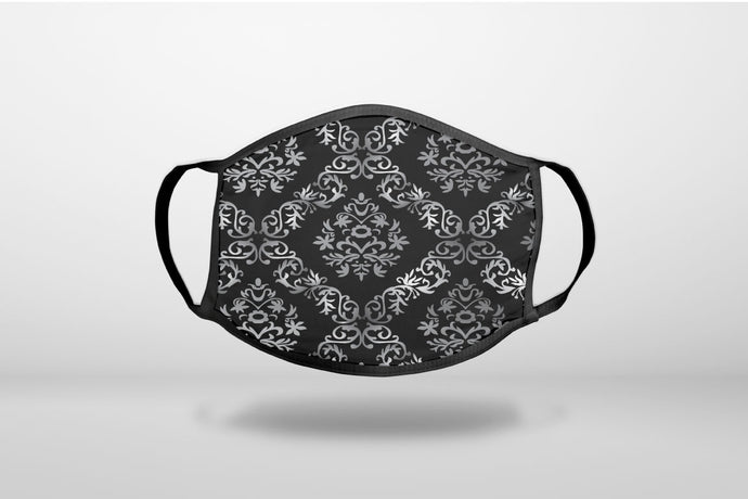 Black White Silver Grey Damask - 3-Ply Reusable Soft Face Mask Covering, Unisex, Cotton Inner Layer
