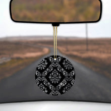 DistinctInk® Hanging Ceramic Christmas Tree Ornament with Gold String - Great Gift / Present - 2 3/4 inch Diameter - Black White Silver Grey Damask