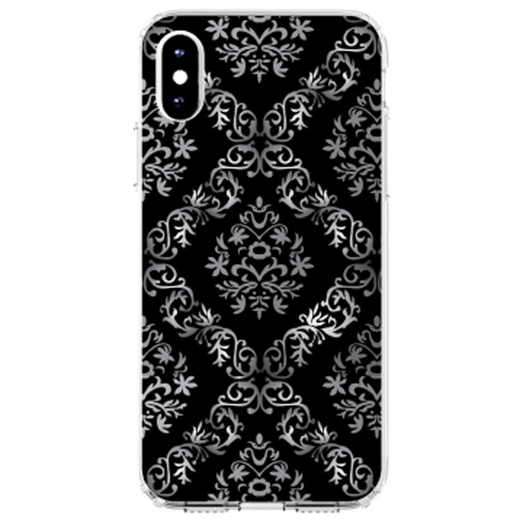 Black White Silver Grey Damask Clear Shockproof iPhone Case, view 2
