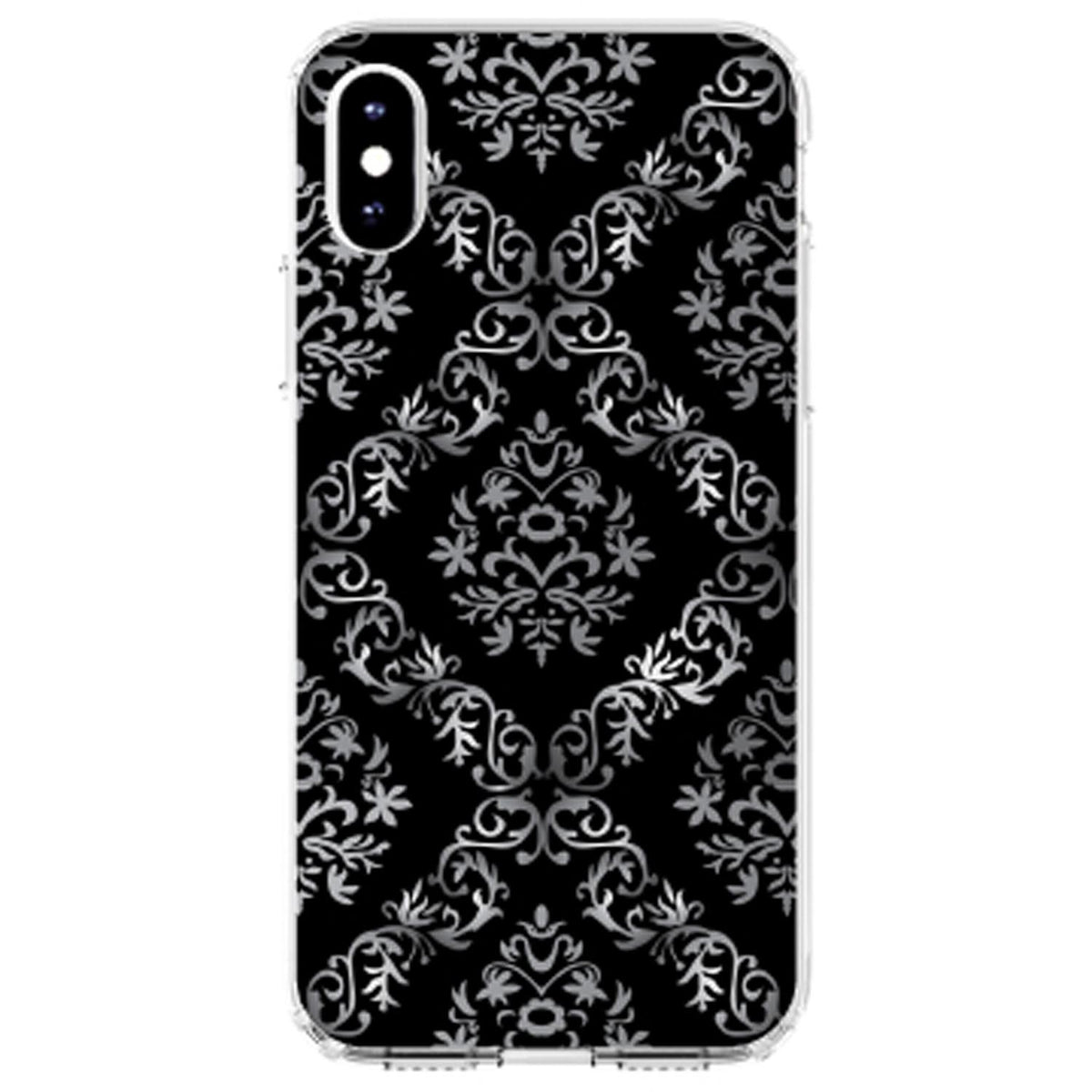 Black White Silver Grey Damask Clear Shockproof iPhone Case, view 2