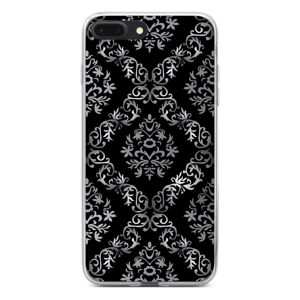 Black White Silver Grey Damask Clear Shockproof iPhone Case, view 6