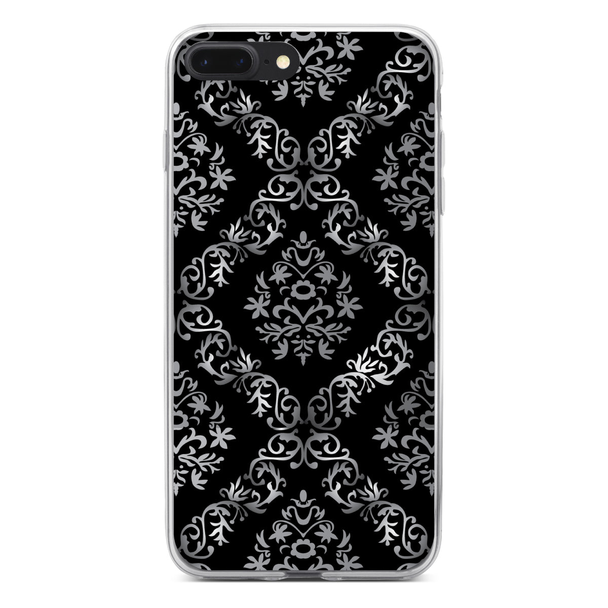 Black White Silver Grey Damask Clear Shockproof iPhone Case, view 6