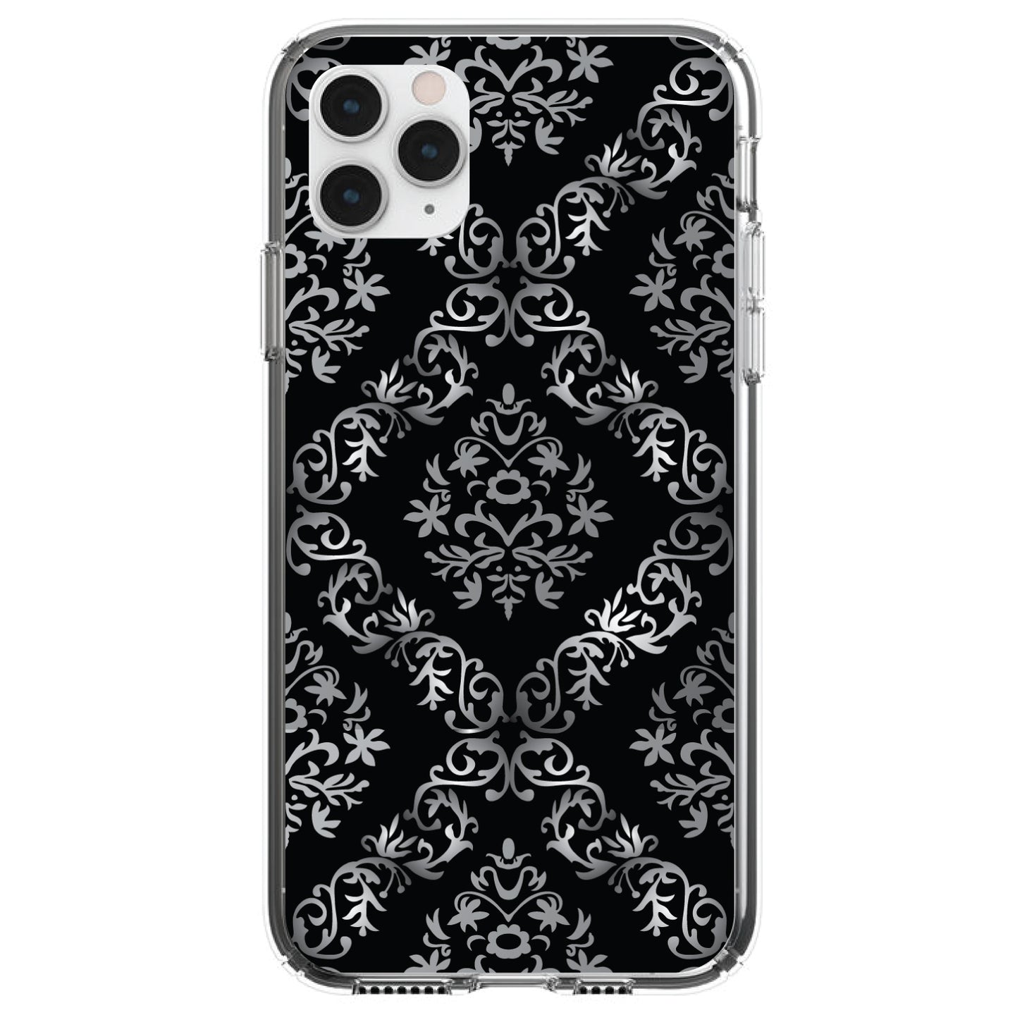 DistinctInk® Clear Shockproof Hybrid Case for Apple iPhone / Samsung Galaxy / Google Pixel - Black White Silver Grey Damask