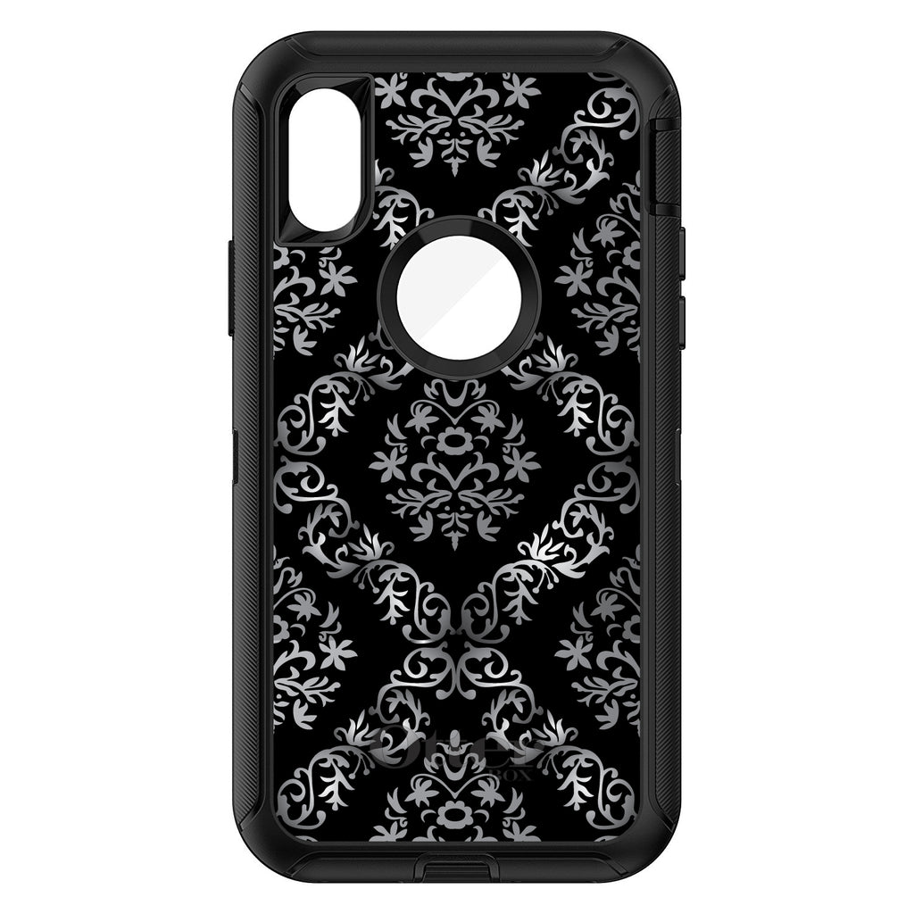 Black White Silver Grey Damask OtterBox Defender Case for iPhone & Galaxy, view 3