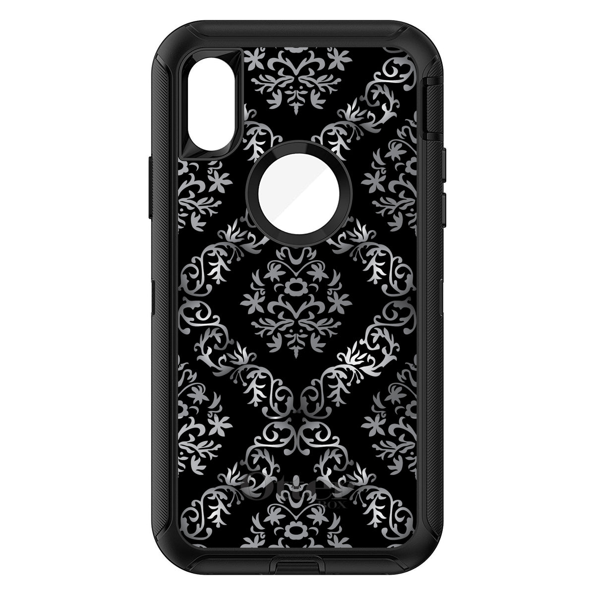 Black White Silver Grey Damask OtterBox Defender Case for iPhone & Galaxy, view 3