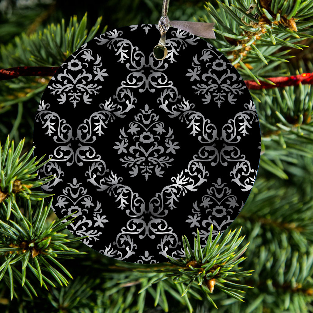 Black White Silver Grey Damask Ceramic Ornament, view 2