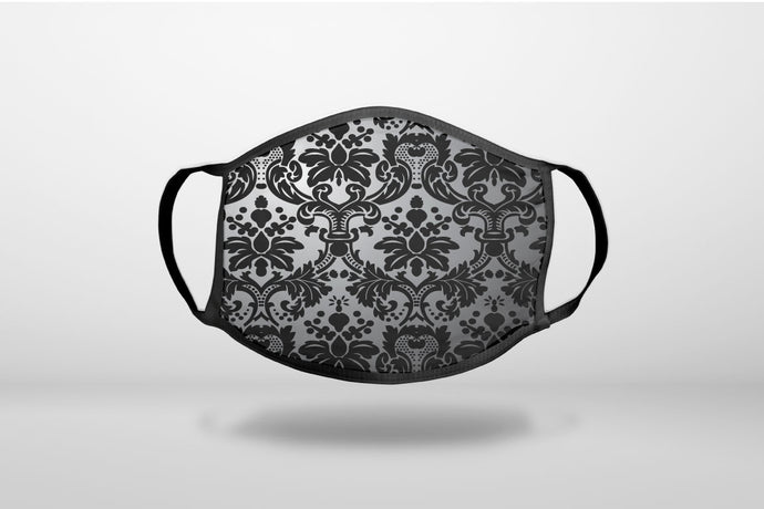 Silver Grey Black Damask - 3-Ply Reusable Soft Face Mask Covering, Unisex, Cotton Inner Layer