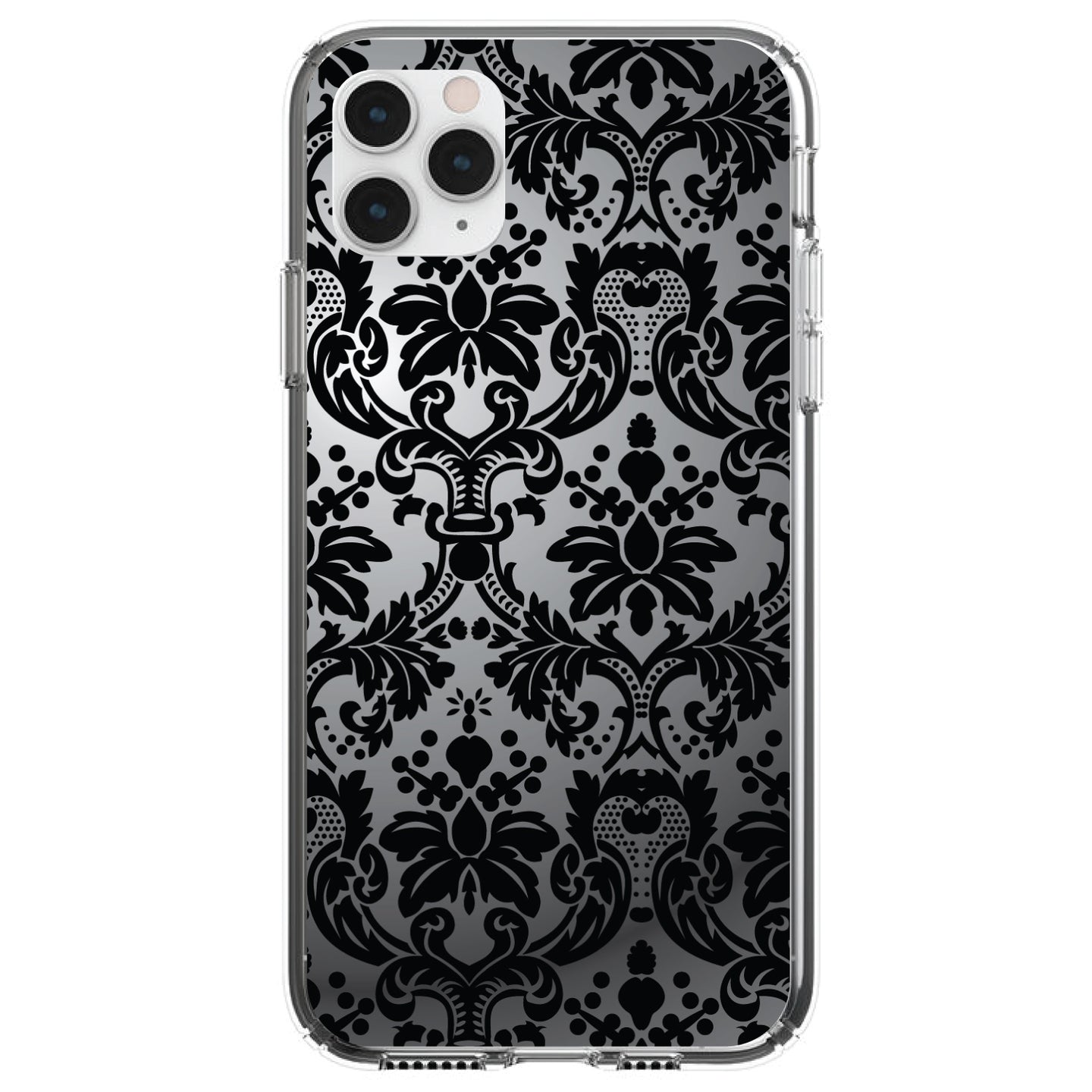 DistinctInk® Clear Shockproof Hybrid Case for Apple iPhone / Samsung Galaxy / Google Pixel - Silver Grey Black Damask