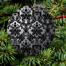 DistinctInk® Hanging Ceramic Christmas Tree Ornament with Gold String - Great Gift / Present - 2 3/4 inch Diameter - Silver Grey Black Damask