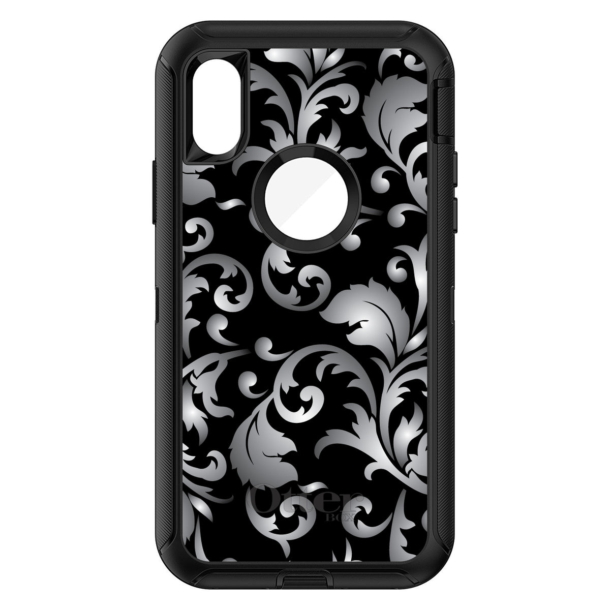 Silver Grey Black White Floral OtterBox Defender Case for iPhone & Galaxy, view 3