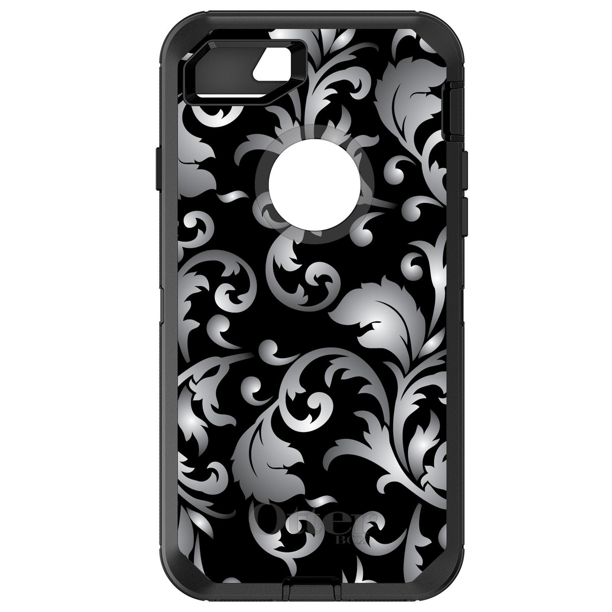 Silver Grey Black White Floral OtterBox Defender Case for iPhone & Galaxy