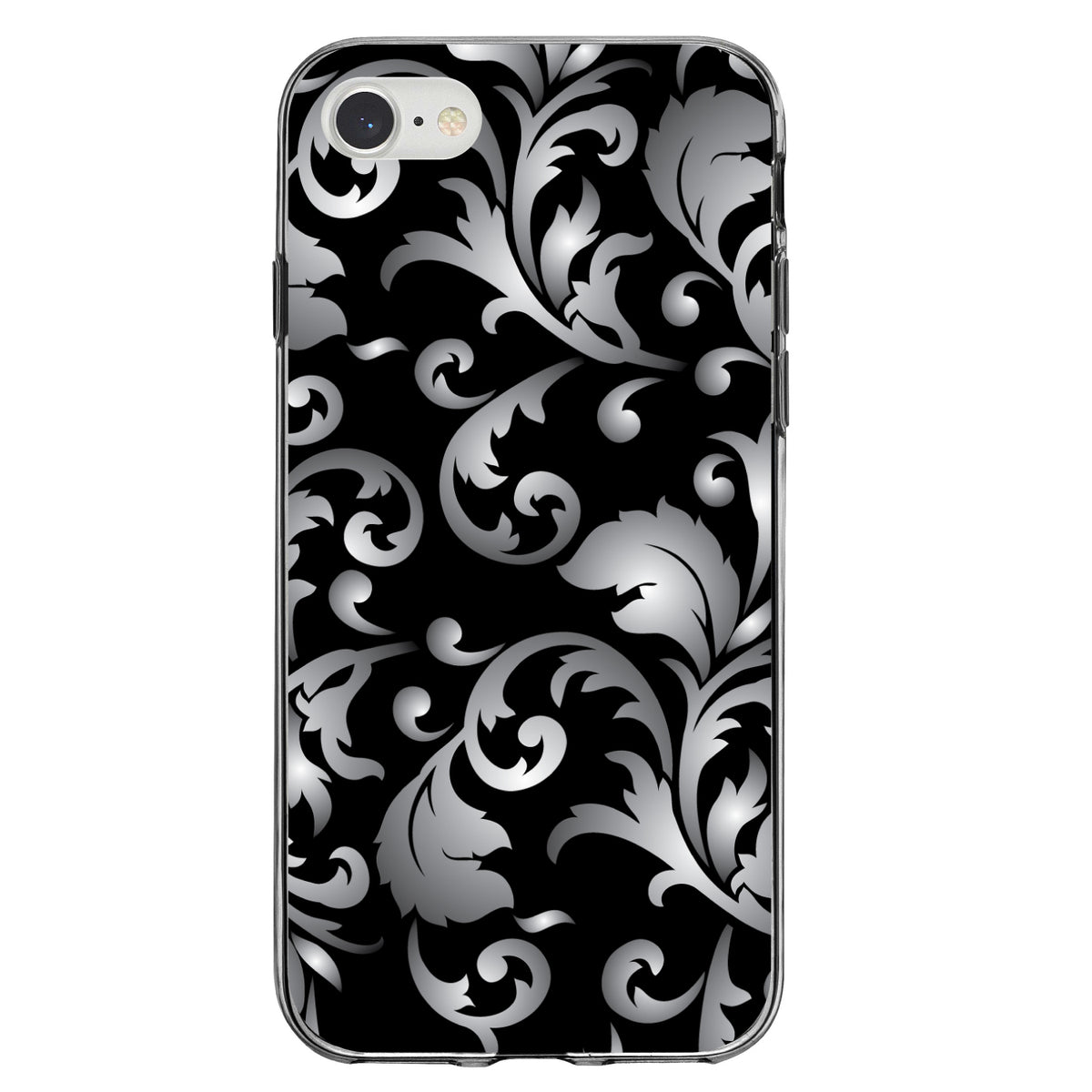 Silver Grey Black White Floral Clear Shockproof iPhone Case, view 5
