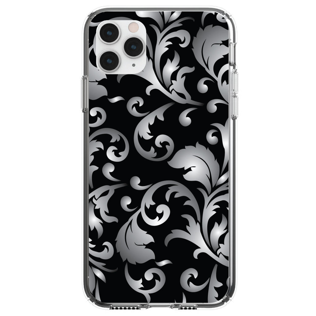 Silver Grey Black White Floral Clear Shockproof iPhone Case