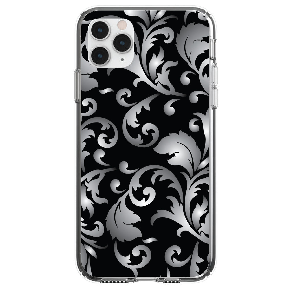 Silver Grey Black White Floral Clear Shockproof iPhone Case