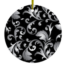 DistinctInk® Hanging Ceramic Christmas Tree Ornament with Gold String - Great Gift / Present - 2 3/4 inch Diameter - Silver Grey Black White Floral