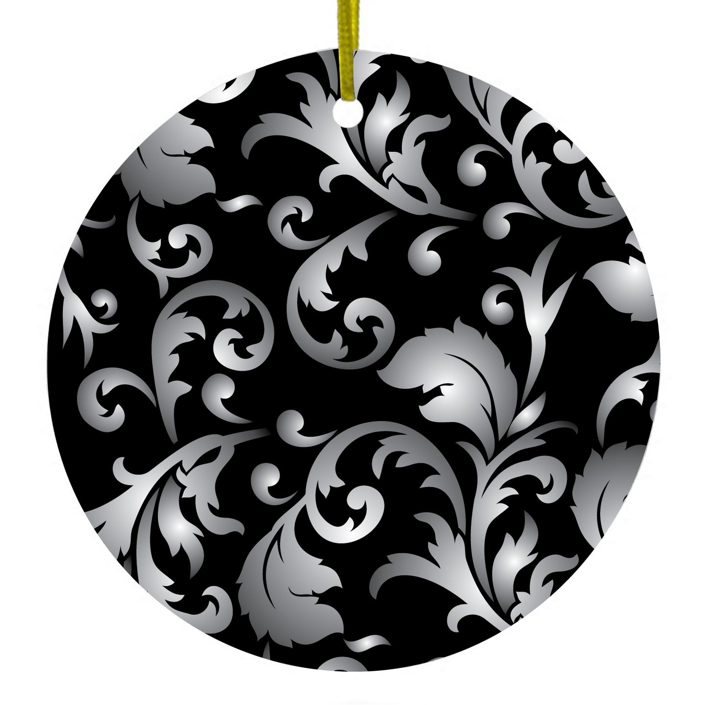 DistinctInk® Hanging Ceramic Christmas Tree Ornament with Gold String - Great Gift / Present - 2 3/4 inch Diameter - Silver Grey Black White Floral