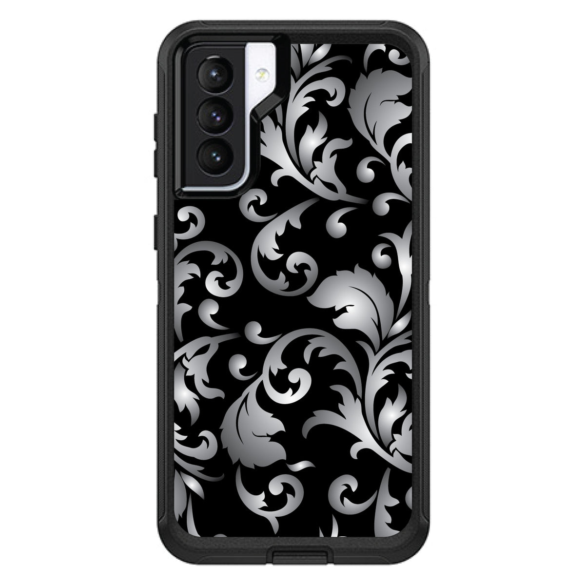Silver Grey Black White Floral OtterBox Defender Case for iPhone & Galaxy, view 5