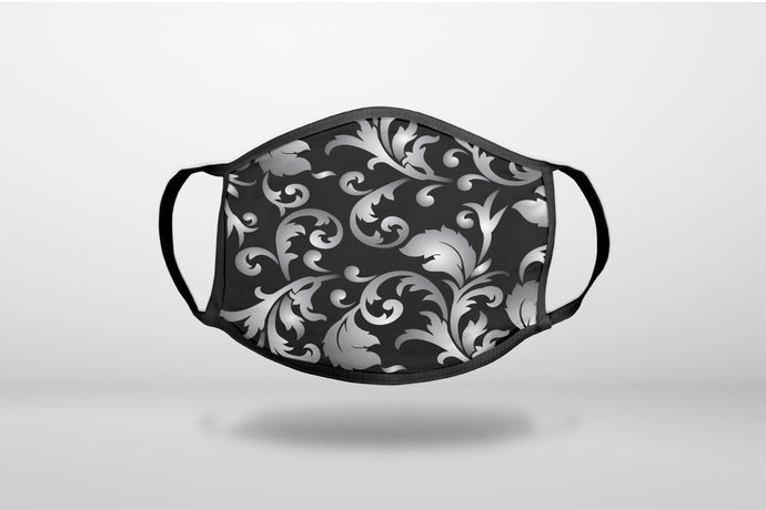 Silver Grey Black White Floral - 3-Ply Reusable Soft Face Mask Covering, Unisex, Cotton Inner Layer