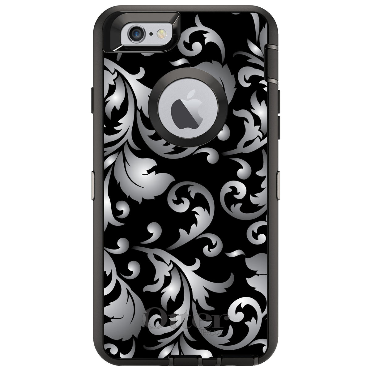 Silver Grey Black White Floral OtterBox Defender Case for iPhone & Galaxy, view 4