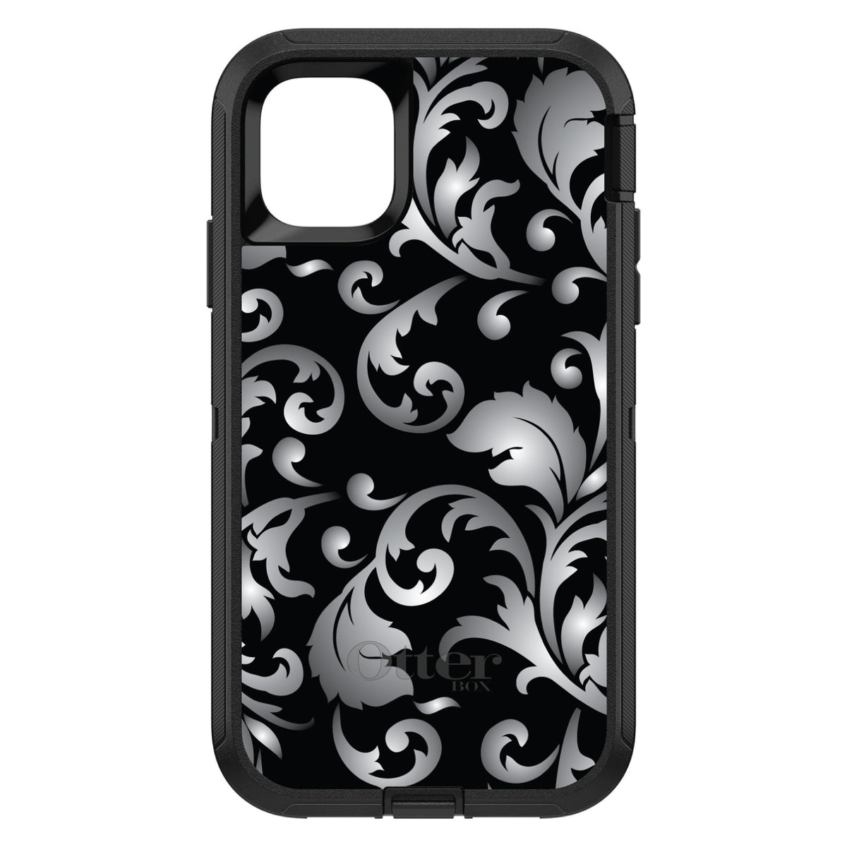 Silver Grey Black White Floral OtterBox Defender Case for iPhone & Galaxy, view 2