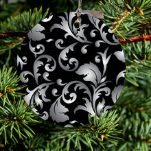 DistinctInk® Hanging Ceramic Christmas Tree Ornament with Gold String - Great Gift / Present - 2 3/4 inch Diameter - Silver Grey Black White Floral