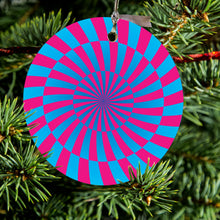 DistinctInk® Hanging Ceramic Christmas Tree Ornament with Gold String - Great Gift / Present - 2 3/4 inch Diameter - Blue Pink Swirl Geometric