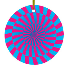 DistinctInk® Hanging Ceramic Christmas Tree Ornament with Gold String - Great Gift / Present - 2 3/4 inch Diameter - Blue Pink Swirl Geometric