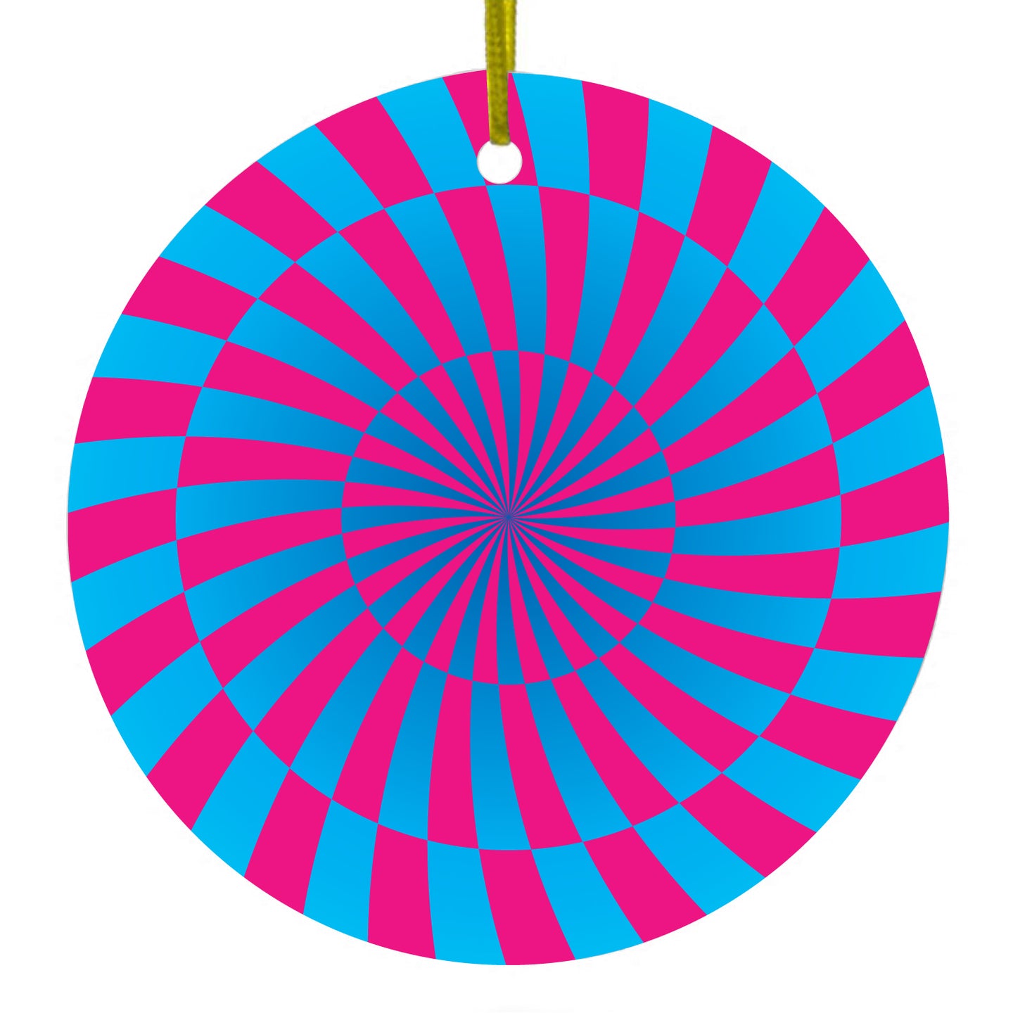 DistinctInk® Hanging Ceramic Christmas Tree Ornament with Gold String - Great Gift / Present - 2 3/4 inch Diameter - Blue Pink Swirl Geometric