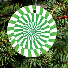 DistinctInk® Hanging Ceramic Christmas Tree Ornament with Gold String - Great Gift / Present - 2 3/4 inch Diameter - Green White Swirl Geometric