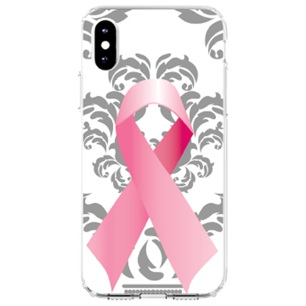 Grey Damask Pink Ribbon Clear Shockproof iPhone Case, view 3