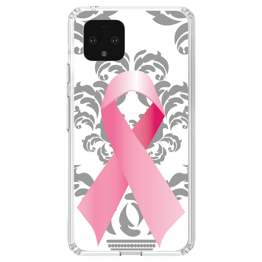 Grey Damask Pink Ribbon Clear Shockproof iPhone Case, view 24