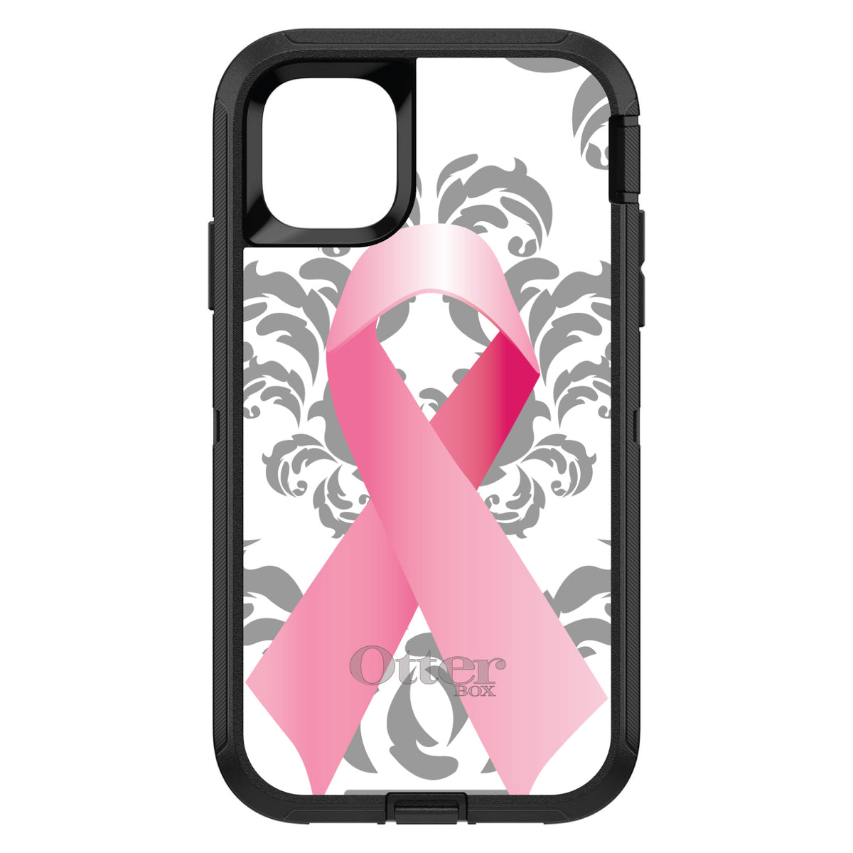 Grey Damask Pink Ribbon OtterBox Defender Case for iPhone & Galaxy, view 2