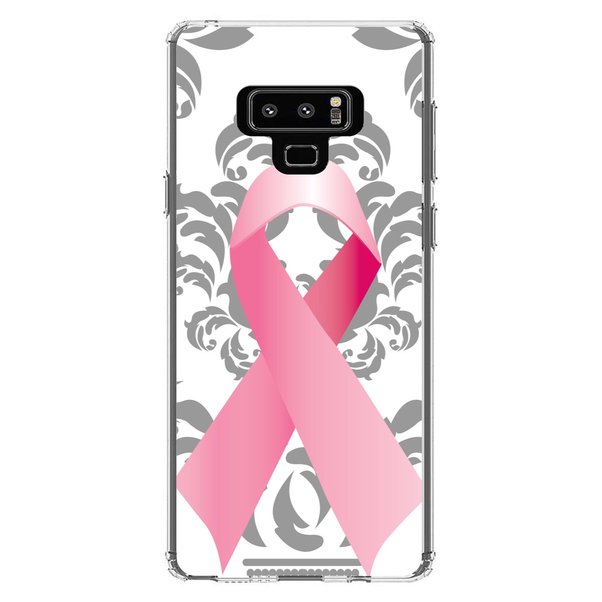 Grey Damask Pink Ribbon Clear Shockproof iPhone Case, view 11