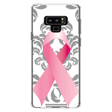 DistinctInk® Clear Shockproof Hybrid Case for Apple iPhone / Samsung Galaxy / Google Pixel - Grey Damask Pink Ribbon