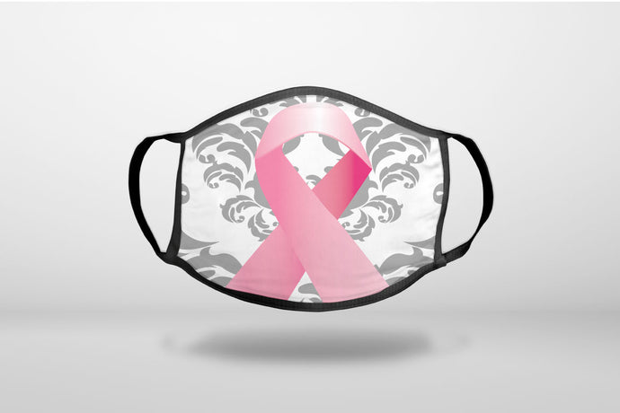 Grey Damask Pink Ribbon - 3-Ply Reusable Soft Face Mask Covering, Unisex, Cotton Inner Layer