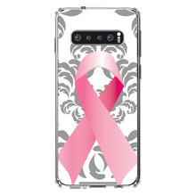 DistinctInk® Clear Shockproof Hybrid Case for Apple iPhone / Samsung Galaxy / Google Pixel - Grey Damask Pink Ribbon