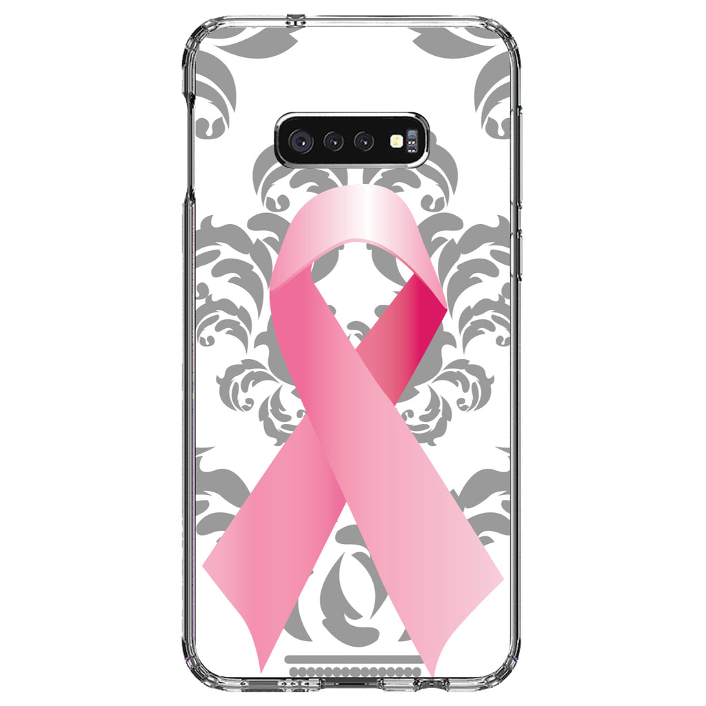 Grey Damask Pink Ribbon Clear Shockproof iPhone Case, view 18