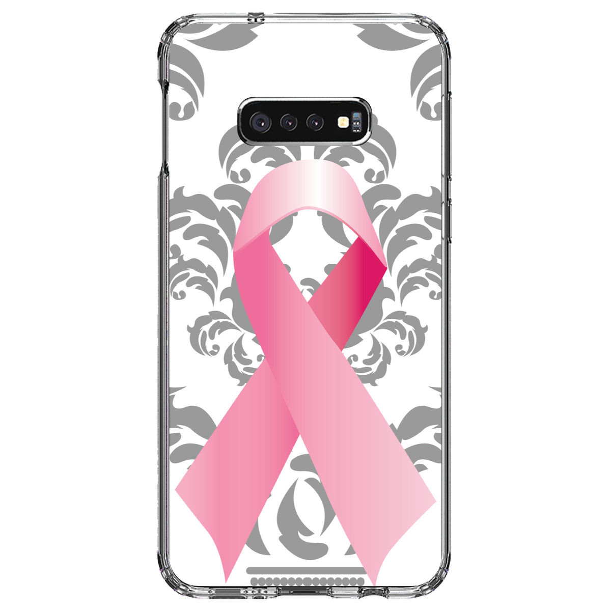 Grey Damask Pink Ribbon Clear Shockproof iPhone Case, view 18