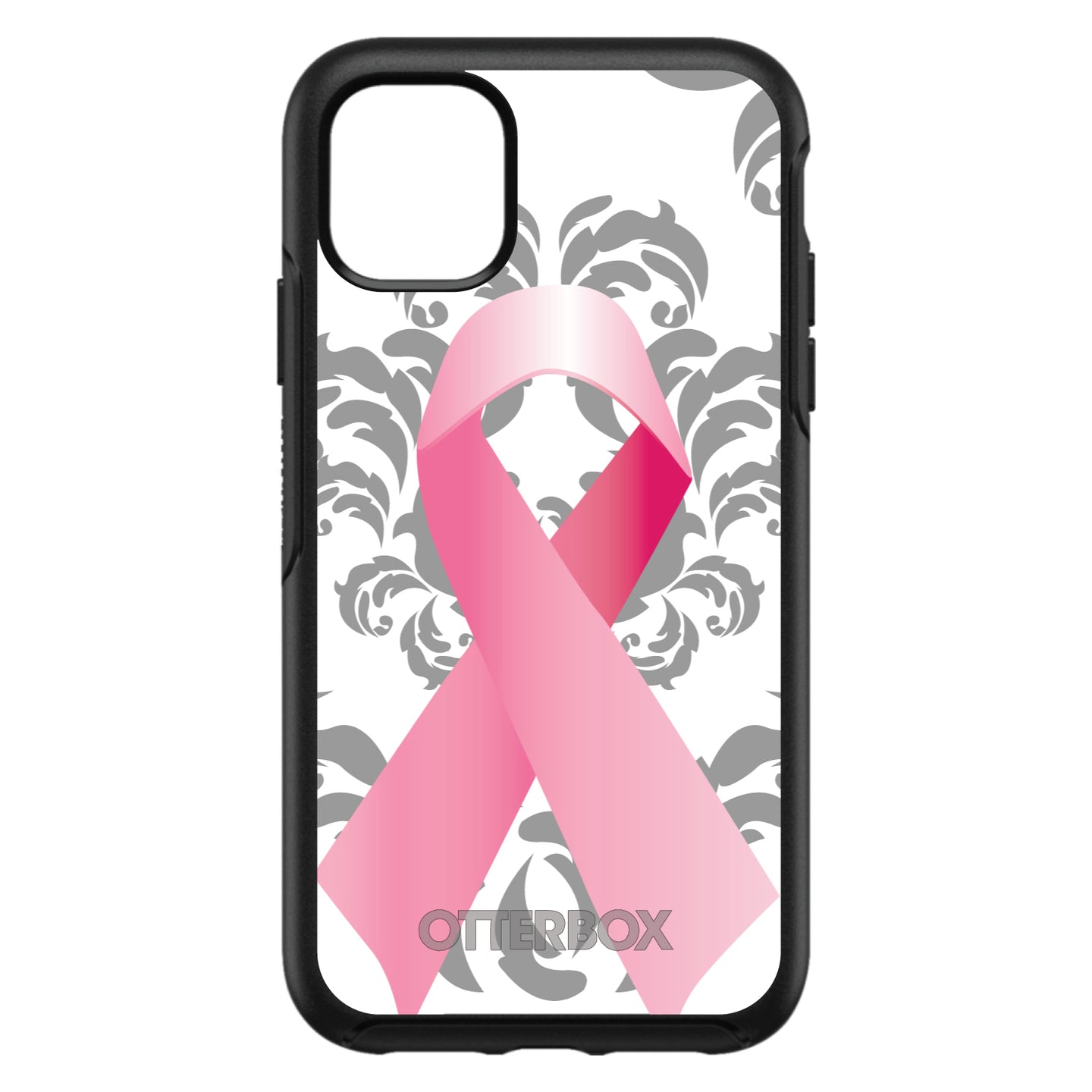 DistinctInk™ OtterBox Symmetry Series Case for Apple iPhone / Samsung Galaxy / Google Pixel - Grey Damask Pink Ribbon