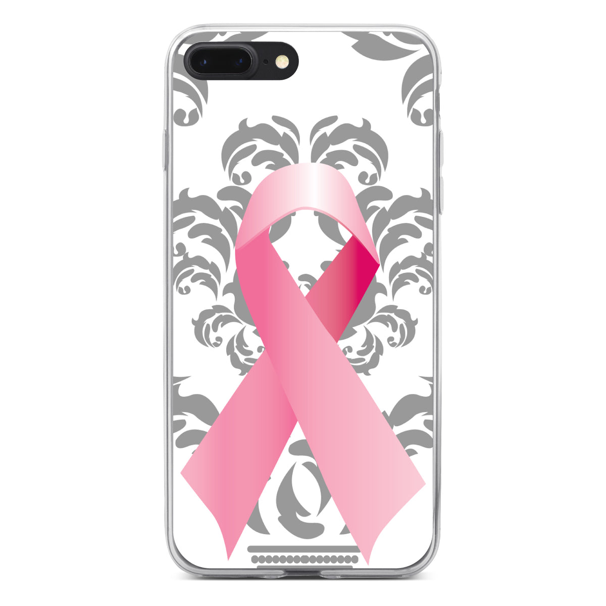 Grey Damask Pink Ribbon Clear Shockproof iPhone Case, view 6