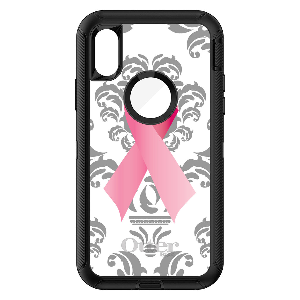 Grey Damask Pink Ribbon OtterBox Defender Case for iPhone & Galaxy, view 3