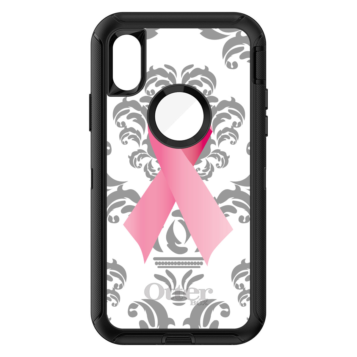 Grey Damask Pink Ribbon OtterBox Defender Case for iPhone & Galaxy, view 3