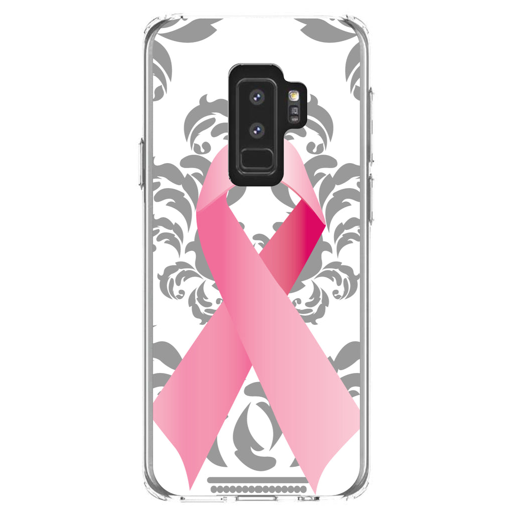 Grey Damask Pink Ribbon Clear Shockproof iPhone Case, view 20